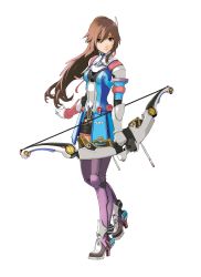Rule 34 | 1girl, absurdres, archery, armor, belt, bow (weapon), breasts, brown eyes, brown hair, enami katsumi, full body, gloves, high heels, highres, long hair, official art, ponytail, ribbon, saionji reimi, shoes, skirt, small breasts, solo, standing, star ocean, star ocean the last hope, thighhighs, transparent background, weapon