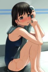 Rule 34 | 1girl, absurdres, bare arms, bare shoulders, black hair, blue one-piece swimsuit, blush, breasts, brown eyes, feet out of frame, female focus, highres, knees up, looking at viewer, matsunaga kouyou, medium breasts, nose blush, one-piece swimsuit, original, parted lips, sitting, solo, swimsuit, teeth, towel, upper teeth only, wet