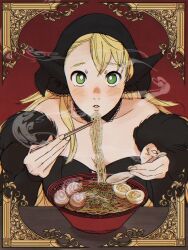Rule 34 | 0mi dot, 1girl, bare shoulders, black dress, black hood, blonde hair, blush, border, bowl, breasts, bright pupils, char-siu, chopsticks, commentary request, crossed bangs, detached hood, dress, dungeon meshi, ear covers, eating, food, green eyes, hair between eyes, highres, holding, holding chopsticks, holding spoon, large breasts, long hair, looking at viewer, marcille donato, marcille donato (lord), noodles, ornate border, parted lips, pointy ears, ramen, red background, softboiled egg, solo, spoilers, spoon, steam, straight-on, teeth, white pupils