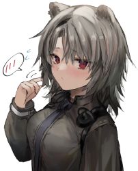 Rule 34 | 1girl, absinthe (arknights), animal ears, arknights, arm up, bear ears, bear girl, black jacket, blush, closed mouth, commentary request, grey hair, headphones, horn/wood, jacket, looking at viewer, red eyes, simple background, solo, upper body, white background