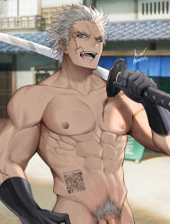 Rule 34 | 1boy, abs, absurdres, asa ifrit (asaifrit), bara, black gloves, completely nude, facial scar, fate/grand order, fate (series), forked eyebrows, frown, gloves, groin, head tilt, highres, large pectorals, looking at viewer, male focus, male pubic hair, muscular, muscular male, nagakura shinpachi (fate), navel, nipples, nude, obliques, out-of-frame censoring, over shoulder, pectorals, pubic hair, scar, scar on cheek, scar on face, short hair, solo, stomach, sword, sword over shoulder, thick eyebrows, tsurime, v-taper, wavy hair, weapon, weapon over shoulder, white hair