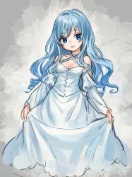 Rule 34 | 1girl, ama-tou, blue dress, blue eyes, blue hair, blue theme, breasts, cleavage, collarbone, cross-laced clothes, detached sleeves, dress, eyelashes, holding, holding clothes, holding dress, light smile, lips, long dress, long hair, long sleeves, looking at viewer, matching hair/eyes, medium breasts, neck ribbon, original, pink lips, ribbon, ringlets, solo