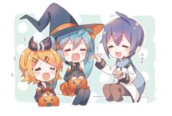 Rule 34 | 1boy, 2girls, aqua hair, black collar, black headwear, black legwear, black sleeves, blonde hair, blue hair, blue scarf, bubble skirt, chibi, coat, collar, commentary, cup, detached sleeves, feeding, hair ornament, hairclip, halloween, halloween bucket, halloween costume, hat, hatsune miku, holding, holding cup, horns, ice cream cup, kagamine rin, kaito (vocaloid), long hair, multiple girls, niwako, open mouth, orange skirt, sailor collar, scarf, short hair, sitting, skirt, sparkle, swept bangs, tears, thighhighs, trick or treat, twintails, very long hair, vocaloid, white coat, witch hat