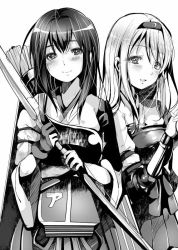 Rule 34 | 10s, 2girls, akagi (kancolle), archery, arrow (projectile), bad id, bad pixiv id, e (remix99), flight deck, greyscale, hairband, japanese clothes, kantai collection, kyuudou, long hair, monochrome, multiple girls, muneate, open mouth, personification, quiver, shoukaku (kancolle), skirt, smile