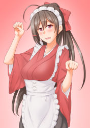 Rule 34 | 1girl, alternate costume, anti (untea9), brown hair, brown hakama, commentary request, gradient background, hair ornament, hair ribbon, hairclip, hakama, hakama skirt, highres, japanese clothes, kantai collection, kimono, long hair, looking at viewer, maid, mamiya (kancolle), paw pose, red background, red eyes, red kimono, ribbon, skirt, solo, wa maid