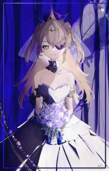 Rule 34 | 1girl, absurdres, alternate costume, bouquet, breasts, colored eyepatch, crown, curtains, dress, earrings, eyepatch, fischl (genshin impact), flower, genshin impact, green eyes, hair between eyes, highres, holding, holding bouquet, jewelry, long hair, looking at viewer, milil, purple flower, signature, small breasts, smile, solo, strapless, strapless dress, two side up, very long hair, wedding dress