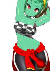 Rule 34 | 1girl, colored skin, green hair, green skin, highres, red eyes, rottytops, shantae (series), simple background, smile, solo, tagme, zombie