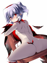 Rule 34 | 1girl, ass, back, blush, chair, character request, katami shinta, purple hair, red eyes, simple background, sitting, sitting backwards, solo