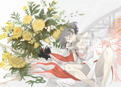 Rule 34 | 1girl, bare legs, bare shoulders, barefoot, bell, neck bell, black hair, breasts, cat, censored, cleavage, collar, convenient censoring, dress, closed eyes, female focus, flower, open mouth, original, plant, sasurai susuki, short hair, small breasts, solo, spread legs, white dress