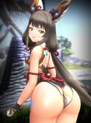 Rule 34 | 1girl, 3d, animal ears, ass, blobcg, blunt bangs, breasts, cat ears, commentary, english commentary, facial mark, from behind, gloves, grey hair, highleg, highleg leotard, highres, leotard, long hair, looking at viewer, looking back, low twintails, nia (blade) (xenoblade), nia (xenoblade), rope, small breasts, solo, twintails, variant set, very long hair, xenoblade chronicles (series), xenoblade chronicles 2, yellow eyes