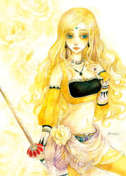 Rule 34 | 1990s (style), 1girl, blonde hair, breasts, celes chere, earrings, female focus, final fantasy, final fantasy vi, gradient background, green eyes, jewelry, long hair, midriff, navel, necklace, rapier, retro artstyle, solo, sword, weapon, white background, youshi