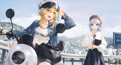 Rule 34 | 2girls, :d, :o, absurdres, alternate costume, arm up, ayaka (genshin impact), beret, black shorts, black skirt, blonde hair, blue eyes, blue jacket, blue sky, blunt bangs, blunt tresses, blush, book, brown headwear, casual, cityscape, cloud, collared shirt, contemporary, cowboy shot, day, feather hair ornament, feathers, flower, flower knot, genshin impact, hair ornament, hair ribbon, hand on headwear, hand to own mouth, hand up, hat, hat flower, helmet, highres, holding, holding book, jacket, lily (flower), long sleeves, looking afar, looking at viewer, looking to the side, lumine (genshin impact), motor vehicle, mountain, mountainous horizon, multiple girls, on vehicle, open clothes, open jacket, open mouth, outdoors, paimon (genshin impact), puffy long sleeves, puffy sleeves, railing, ribbon, road sign, scooter, shirt, short hair with long locks, short shorts, shorts, sidelocks, sign, sitting, skirt, sky, smile, swkl:d, t-shirt, teeth, tress ribbon, upper teeth only, white hair, white headwear, white shirt, yellow eyes
