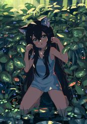 Rule 34 | 1girl, :o, animal ear fluff, animal ears, bad id, bad pixiv id, bare arms, bare shoulders, barefoot, black hair, blush, cat ears, collarbone, commentary request, dress, eyebrows hidden by hair, green eyes, hair between eyes, hands up, head tilt, highres, kgt (pixiv12957613), kneeling, leaf, long hair, original, parted lips, paw pose, shallow water, sleeveless, sleeveless dress, solo, very long hair, water, wet, wet hair, white dress