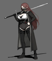 Rule 34 | 1girl, absurdres, black gloves, black jacket, breasts, brown hair, cleavage, commentary, english commentary, full body, gloves, gogalking, green eyes, grey background, grin, hand on own chest, highres, holding, holding sword, holding weapon, jacket, large breasts, long hair, long sleeves, looking at viewer, mask, mouth mask, open clothes, open jacket, original, shadow, simple background, single glove, smile, solo, sword, very long hair, weapon