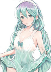 Rule 34 | 1girl, bare shoulders, blue hair, breasts, cleavage, closed mouth, collarbone, cowboy shot, dress, drill hair, gradient hair, green eyes, hair between eyes, happi, headband, holding clothes, holding skirt, japanese clothes, long hair, multicolored hair, nannacy7, original, out of frame, purple hair, simple background, skirt, smile, solo, twin drills, very long hair, white background, white dress