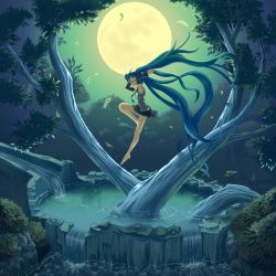 Rule 34 | barefoot, blue hair, closed eyes, full moon, hare (artist), hatsune miku, highres, long hair, moon, night, skirt, solo, twintails, very long hair, vocaloid