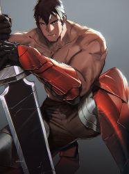 Rule 34 | 1boy, absurdres, alterab, bara, black hair, dark-skinned male, dark skin, dota: dragon&#039;s blood, dota (series), dota 2, dragon knight (dota), facial hair, forked eyebrows, goatee, highres, huge filesize, looking at viewer, male focus, muscular, muscular male, pectoral press, pectorals, planted, planted sword, planted weapon, scar, scar on chest, short hair, sideburns, solo, squatting, stubble, sword, topless male, vambraces, weapon