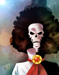 Rule 34 | 1boy, afro, ascot, black coat, black hair, brook (one piece), character name, coat, dated, detective 0414, happy birthday, hat, highres, looking at viewer, male focus, multicolored coat, one piece, red ascot, skeleton, solo, top hat, two-tone coat, white coat