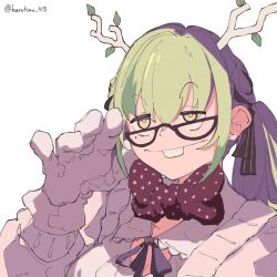 Rule 34 | 1girl, adjusting eyewear, bow, bowtie, buck teeth, cardigan, ceres fauna, ceres fauna (jirai kei), cleavage cutout, clothing cutout, glasses, gloves, green hair, harutimu, highres, hololive, hololive english, mole, mole under eye, nerd emoji, open cardigan, open clothes, oversized gloves, purple ribbon, ribbon, shirt, smile, teeth, twintails, twitter username, virtual youtuber, white background, white gloves, white shirt, yellow eyes