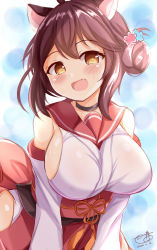 Rule 34 | 1girl, :d, animal ears, bare shoulders, black choker, blue archive, blush, breasts, brown eyes, brown hair, choker, collarbone, dated, detached sleeves, fang, hair between eyes, hair bun, highres, japanese clothes, kaede (blue archive), kimono, large breasts, long sleeves, looking at viewer, ongeki, open mouth, red sailor collar, red skirt, sailor collar, sideboob, signature, single side bun, skirt, smile, solo, tail, white kimono, white sleeves, xenon (for achieve)