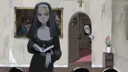 Rule 34 | 5girls, age difference, blonde hair, blue eyes, book, clumsy nun (diva), cowboy shot, cross, diva (hyxpk), door, flower, gloves, unworn gloves, habit, highres, holding, indoors, little nuns (diva), long sleeves, looking back, mole, mole under mouth, multiple girls, nun, original, painting (object), parted lips, peeking out, plant, running bond, standing, stone wall, strict nun (diva), traditional nun, vase, wall, white gloves, wooden door, wooden floor