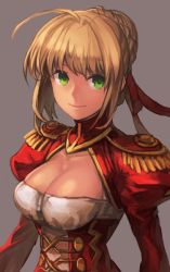 Rule 34 | 1girl, ahoge, braid, breasts, cleavage, cleavage cutout, closed mouth, clothing cutout, dress, epaulettes, fate (series), green eyes, hair bun, hair ribbon, hungry clicker, juliet sleeves, large breasts, long sleeves, looking at viewer, nero claudius (fate), nero claudius (fate) (all), nero claudius (fate/extra), puffy sleeves, purple background, red dress, red ribbon, ribbon, simple background, single hair bun, smile, solo, upper body