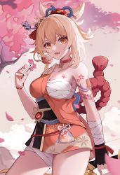Rule 34 | 1girl, absurdres, bandages, breasts, commentary request, fingerless gloves, flower, genshin impact, gloves, hair ornament, highres, japanese clothes, kimono, looking at viewer, medium breasts, mxr, open mouth, orange eyes, orange hair, orange kimono, sarashi, smile, solo, tattoo, yoimiya (genshin impact)