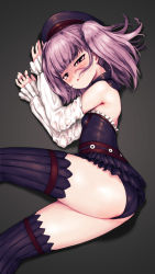 Rule 34 | 1girl, ass, bare shoulders, belt, beret, black panties, black thighhighs, blush, detached sleeves, dress, fate/grand order, fate (series), grey background, hat, helena blavatsky (fate), highres, looking at viewer, looking back, lying, on side, open mouth, panties, pantyshot, purple eyes, purple hair, rou271, shiny skin, short hair, simple background, sketch, solo, strapless, thighhighs, thomas edison (fate), twintails, underwear