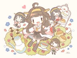 Rule 34 | 4girls, ahoge, black hair, brown hair, bush, chibi, cookie, cup, flower, food, glasses, hair ornament, hairclip, haruna (kancolle), headgear, heart, hiei (kancolle), highres, japanese clothes, kantai collection, kirishima (kancolle), kongou (kancolle), long hair, long sleeves, multiple girls, nada namie, nontraditional miko, open mouth, petals, pleated skirt, ribbon-trimmed sleeves, ribbon trim, rose, short hair, sidelocks, signature, simple background, skirt, smile, teacup, teapot, wide sleeves