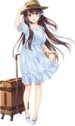 Rule 34 | 1girl, :d, amanojaku na himuro-san, artist request, bag, blue dress, blue footwear, bow, braid, brown eyes, brown hair, dress, floating hair, footwear bow, frilled dress, frills, hair between eyes, handbag, hat, high heels, highres, himura suzuha, holding, holding clothes, holding hat, long hair, looking at viewer, open mouth, puffy sleeves, rolling suitcase, shoes, short sleeves, sidelocks, smile, solo, straw hat, suitcase, third-party source, yellow eyes