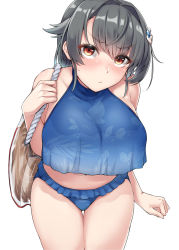 Rule 34 | 1girl, absurdres, bikini, black hair, blue bikini, breasts, frilled bikini, frills, hair flaps, hair ornament, hairclip, highres, huge breasts, jingei (kancolle), kantai collection, kiritto, leaning forward, long hair, looking at viewer, official alternate costume, red eyes, simple background, solo, swimsuit, whale hair ornament, white background