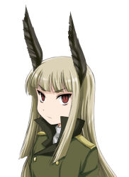 Rule 34 | 1girl, animal ears, bags under eyes, blonde hair, blunt bangs, closed mouth, green jacket, grete m. gollob, head wings, jacket, long hair, looking at viewer, military, military uniform, portrait, red eyes, simple background, solo, standing, uniform, wan&#039;yan aguda, white background, wings, world witches series