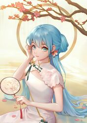 Rule 34 | 1girl, bare arms, blue eyes, blue hair, branch, breasts, cherry blossoms, china dress, chinese clothes, cleavage, commentary, day, dress, flower, guo zi man, hair between eyes, hair bun, hair flower, hair ornament, hand fan, hand in own hair, hand up, hatsune miku, highres, holding, holding fan, lace jacket, looking at viewer, medium breasts, official alternate costume, official alternate hairstyle, outdoors, pink flower, pink petals, ponytail, sand, shaohua hatsune miku, short sleeves, sitting, smile, solo, tassel, tuanshan, vocaloid, water, white dress
