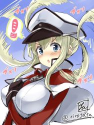 Rule 34 | !, 10s, 1girl, anchor, arm between breasts, between breasts, blonde hair, blue eyes, breasts, brown gloves, capelet, gloves, graf zeppelin (kancolle), hat, kantai collection, large breasts, long sleeves, looking at viewer, motion lines, multicolored background, neck ribbon, open mouth, peaked cap, red ribbon, ribbon, sidelocks, signature, solo, speech bubble, spinning, spoken exclamation mark, tirotata, twintails, twitter username, two-tone background, upper body
