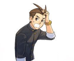 Rule 34 | 1boy, ace attorney, antenna hair, apollo justice, black jacket, bracelet, brown eyes, brown hair, buttons, forehead, godzillapigeon1, hand on own head, hand up, jacket, jewelry, looking to the side, male focus, matching hair/eyes, phoenix wright: ace attorney - spirit of justice, short hair, simple background, sleeves rolled up, solo, sweat, upper body, white background