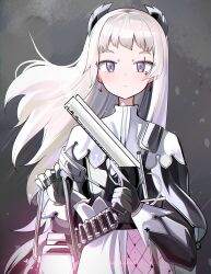 Rule 34 | 1girl, arknights, black gloves, black jacket, blush, capelet, closed mouth, earrings, floating hair, gloves, grey background, grey eyes, grey hair, gun, highres, holding, holding gun, holding lantern, holding weapon, irene (arknights), jacket, jewelry, lantern, long hair, long sleeves, looking at viewer, pink skirt, puffy long sleeves, puffy sleeves, skirt, solo, spam (spamham4506), thick eyebrows, very long hair, weapon, white capelet