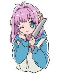Rule 34 | 1girl, amauri miruki, blue eyes, closed mouth, cropped torso, hair ornament, hand on own cheek, hand on own face, hands up, heart, heart hair ornament, holding, holding knife, hood, hood down, hoodie, knife, long sleeves, looking at viewer, one eye closed, pink hair, pink ribbon, pretty series, ribbon, rituyama1, short hair, simple background, smile, solo, upper body, waccha primagi!, white background