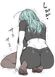 Rule 34 | 1girl, absurdres, ass, breasts, byleth (fire emblem), feet, fire emblem, fire emblem: three houses, green hair, highres, huge breasts, intelligent systems, karaka mayo, kneeling, large breasts, long hair, messy hair, midriff, nintendo, pantyhose, shirt, shorts, sitting, trembling