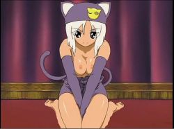 Rule 34 | 00s, 1girl, animal ears, bare shoulders, barefoot, breast press, breasts, breasts squeezed together, cat ears, cat tail, dark-skinned female, dark skin, elbow gloves, gloves, hat, kneeling, little monica monogatari, looking at viewer, meow (little monica monogatari), nipples, pink hair, screencap, short hair, sitting, smile, soles, tail, thighs, toes, topless