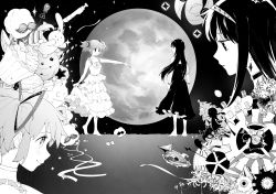 Rule 34 | 2girls, absurdres, akemi homura, barefoot, black dress, black hair, cheese, choker, cupcake, dress, earrings, flower, food, full moon, funeral dress, gears, greyscale, highres, holding, holding clothes, holding dress, jewelry, kaname madoka, long hair, mahou shoujo madoka magica, mahou shoujo madoka magica: hangyaku no monogatari, monochrome, moon, muhan1234567, multiple girls, night, night sky, outstretched arm, rabbit, ribbon, sky, spider lily, twintails, white dress, wristband