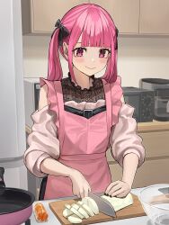 Rule 34 | 1girl, absurdres, apron, black bow, black bowtie, black nails, blunt bangs, blush, bow, bowtie, closed mouth, commentary request, cutting board, fang, food, hair bow, highres, hinamizawa hinami (tetto), holding, holding knife, jirai kei, kitchen, kitchen knife, knife, lace shirt, long hair, microwave, multiple hair bows, nail polish, off-shoulder shirt, off shoulder, original, pink eyes, radish, see-through, see-through shirt, shirt, sleeveless, sleeveless shirt, smile, tetto (onnoveltet)