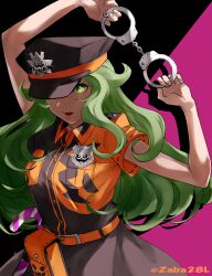 Rule 34 | 1girl, absurdres, arm up, asahi (zabaniyan), belt, belt pouch, black background, candy, candy cane, collared shirt, commentary request, cuffs, curly hair, food, green eyes, green hair, halloween, hand up, handcuffs, hat, highres, holding, holding handcuffs, long hair, looking at viewer, maria (housamo), open mouth, orange shirt, police, police badge, police hat, police uniform, pouch, purple background, shirt, skirt, solo, tokyo houkago summoners, twitter username, two-tone background, two-tone shirt, uniform, upper body