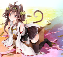 Rule 34 | 10s, 1girl, ahoge, akatsuki hijiri, all fours, animal ears, black eyes, box, braid, brown hair, bullet, cat ears, cat tail, detached sleeves, hairband, japanese clothes, kantai collection, kemonomimi mode, kongou (kancolle), looking at viewer, nontraditional miko, open mouth, personification, solo, tail, thighhighs, wide sleeves
