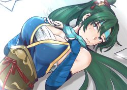 Rule 34 | 1girl, bare shoulders, blue dress, breasts, commentary, detached sleeves, dress, earrings, english commentary, fingerless gloves, fire emblem, fire emblem: the blazing blade, gloves, gold trim, green eyes, green hair, hair ornament, headband, high ponytail, highres, jewelry, large breasts, lens flare, long hair, looking up, lying, lyn (fire emblem), nintendo, on back, ponytail, sarashi, scarf, sidelocks, signature, solo, sweatdrop, upper body, vialnite