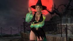 Rule 34 | 1girl, 3d, breasts, dark-skinned female, dark skin, dead or alive, dead or alive 5, earrings, female focus, halloween, jewelry, large breasts, lisa hamilton, moon, necklace, night, official art, short hair, solo, tecmo, witch