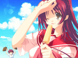 Rule 34 | 00s, 1boy, 1girl, 2004, = =, arms up, bag, blush, brother and sister, brown eyes, cloud, company name, day, english text, food, highres, holding, ice cream, kousaka tamaki, kousaka yuuji, official art, official wallpaper, one eye closed, outdoors, popsicle, red hair, school bag, school uniform, serafuku, short sleeves, siblings, sky, teardrop, to heart (series), to heart 2, tongue, tongue out, wallpaper, watermark, web address, wink