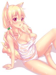 Rule 34 | 1girl, :o, animal ear fluff, animal ears, arm support, bare shoulders, barefoot, blonde hair, blush, breasts, cat ears, cat tail, cleavage, eyebrows, groin, hair between eyes, hair ornament, highres, leaning back, looking at viewer, naala, nottytiffy, open mouth, original, panties, red eyes, see-through, shiny skin, shirt, simple background, solo, sweat, tail, tank top, tiffy (nottytiffy), underwear, underwear only, wet, wet clothes, wet panties, wet shirt, white background, white panties