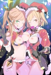 Rule 34 | 10s, 2girls, ;p, bad id, bad pixiv id, bag, black gloves, blonde hair, blush, bow, bowtie, bra, bra lift, breasts, breasts out, christmas, clarisse (granblue fantasy), cleavage, cowboy shot, crotchless, crotchless panties, djeeta (granblue fantasy), female pubic hair, frills, fur trim, gloves, granblue fantasy, hair ornament, hat, holly, long hair, looking at viewer, mistletoe, mouth hold, multiple girls, navel, nipples, one eye closed, open clothes, open shirt, panties, pom pom (clothes), pubic hair, red hat, red panties, santa costume, santa hat, shirt, short hair, side-tie panties, sketch, stomach, tajima ryuushi, tongue, tongue out, underwear
