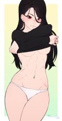Rule 34 | 1girl, abs, black hair, black shirt, blouse, breasts, clothes lift, commission, cowboy shot, exhibitionism, eyes visible through hair, flat color, highres, lifted by self, long hair, looking at viewer, medium breasts, original, panties, public indecency, razalor, red eyes, scar, scar across eye, scar on face, shirt, shirt lift, simple background, solo, stomach, teasing, thighs, toned, toned female, underboob, underwear, undressing, yellow background