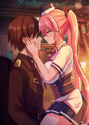 Rule 34 | 1boy, 1girl, absurdres, black skirt, breasts, brown hair, closed mouth, commander (nikke), formal, goddess of victory: nikke, green eyes, hair between eyes, hat, highres, indoors, jimpu6, large breasts, long hair, long sleeves, looking at another, military uniform, pink hair, pleated skirt, quiry (nikke), shirt, short hair, short sleeves, sidelocks, sitting, sitting on lap, sitting on person, skirt, squinting, suit, twintails, uniform, white shirt